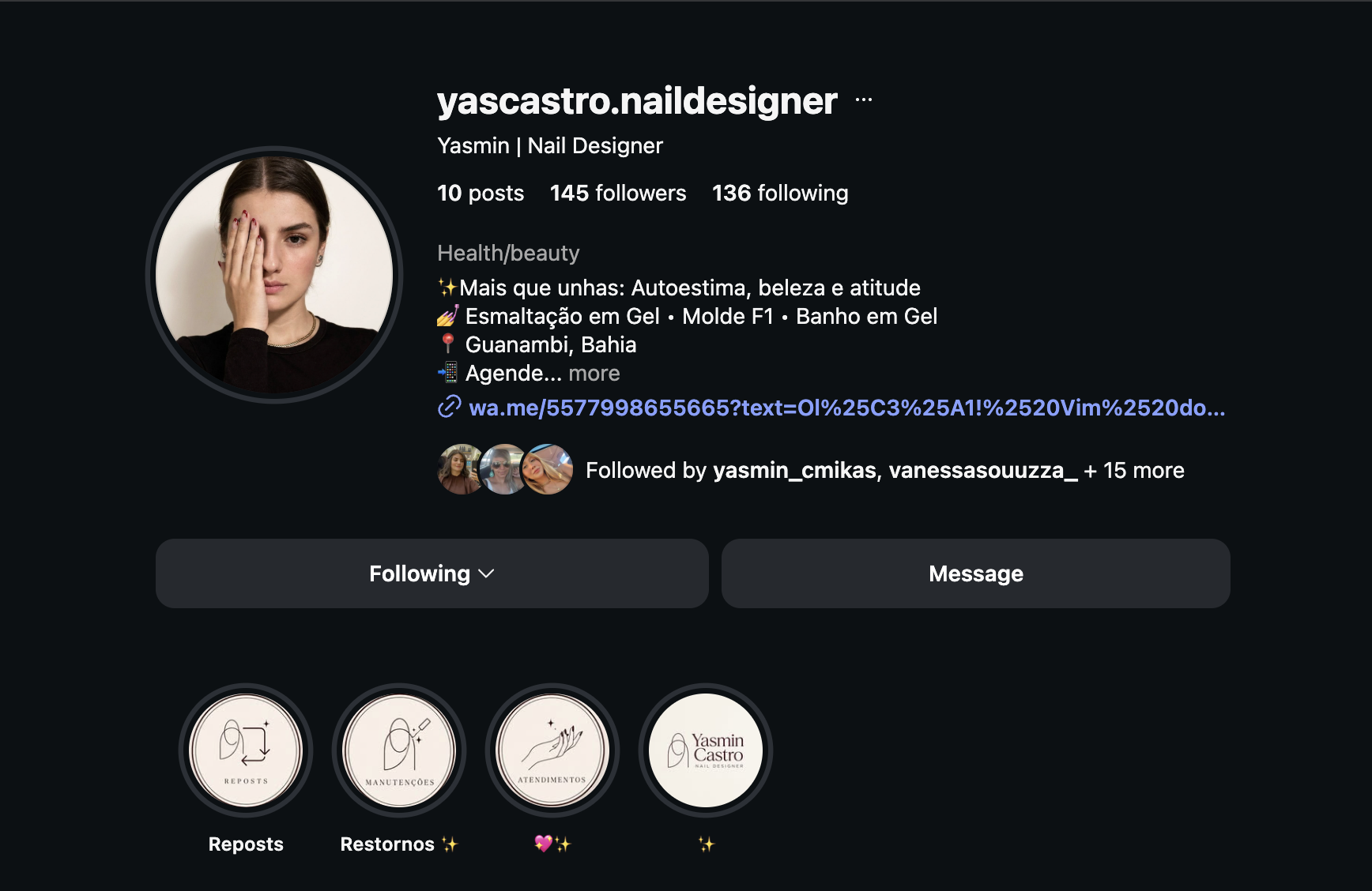 Perfil do Instagram @yascastro.naildesigner